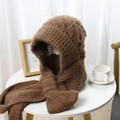 Close-up of thick cable knit pattern and warm plush lining on brown balaclava scarf - Khaki