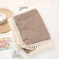 Detail of folded brown double-layer cotton muslin baby blanket with cream fringe trim - Dark Khaki / 80*65 cm