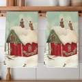 Detailed view of kitchen towels with festive Christmas cabin and snow watercolor patterns - Vintage Snow House Illustration White (2pcs)
