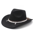 Black faux suede western cowboy hat with ethnic leather band and boot charms on white background - Black Suede