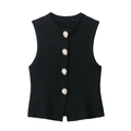 Haut élégant en tricot noir sans manches avec boutons dorés vintage et col rond - S / Noir