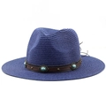 Sombrero fedora de paja azul marino con banda de cuero bohemia y detalles turquesas - M (56-58cm) / Azul marino