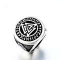 Vintage stainless steel Viking Valknut ring with engraved runes in retro silver finish - US Size 7 / Valknut Runes / Steel