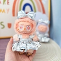 Pink plush doll Labubu toy wearing shiny silver lace dress and matching bow tie - Silver Moonlight Dress / First And Second Generation Keychains Are Compatible With La Cloth Dolls. Dolls Not Included.