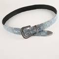 Vintage-Denimgürtel mit floral gravierter Metallschnalle und schimmernden Pailletten - Hellblau Denim Vintage Geschnitzter Stil (866)