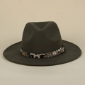 Chapeau fedora vert olive avec ruban à motif léopard et boucle en métal vintage - M (56-58cm) / Vert