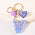 Cute purple heart tassel keychain with resin letter V filled with colorful glitter - Letter V
