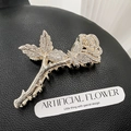 French retro gold metal rose hair claw clip with rhinestones for elegant styling - Diamond Style 11cm