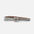 Slim light grey genuine leather belt for women featuring a sparkling rhinestone square buckle - Light Gray