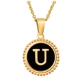 18K gold stainless steel necklace with black round shell pendant and gold letter U charm - Gold U (With Chain)
