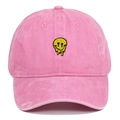 Pink washed cotton baseball cap with yellow melting smiley face embroidery on front - Adjustable / Pink