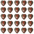 25-piece grid of 15mm heart-shaped red jasper natural crystal stones on white background - 15x15x6mm / African Bloodstone