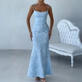 Elegante abito da sera jacquard blu con spalline sottili e bordo a sirena - Blu