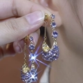 Elegant gold drop earrings featuring purple crystals in a horseshoe pendant design - Gold Long Purple Crystal Drop