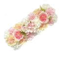 Detailed view of artificial wedding flower row with pink roses and white hydrangeas - Champagne No. 3