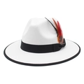 Classic white wool fedora hat with black ribbon and stylish feather accents - M(56-58cm) / White