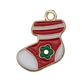 Ciondolo calza di Natale in smalto rosso e bianco con bordo in metallo dorato - Calza di Natale con Fiore (19560) / 1 Pezzo (19x18mm)