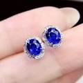 Blue oval moissanite stud earrings with white halo stones in silver S925 setting - Blue Diamond [white Gold] Led-114