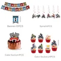 Motorcycle racing themed birthday party set with banners, spirals, and cake toppers - Four-Piece Set
