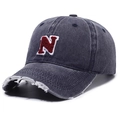 Vintage navy blue washed denim baseball cap with frayed brim and embroidered N letter - Adjustable / Navy Blue