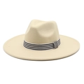 Detail of beige wide brim wool fedora hat with black and white striped ribbon band - M (56-58cm) / Beige