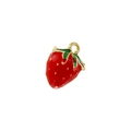 Detailed macro view of a red enamel strawberry pendant with green leaves and gold metal ring - VD1642 Gold Red Enamel Strawberry