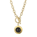 Gold OT clasp necklace with round black crystal pendant on a minimalist O-chain - Gold Black Gemstone Style (KN229696-Z)