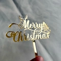 Golden mirror acrylic Merry Christmas cake topper with reindeer antlers and tree design - Gold Reindeer Antlers and Christmas Tree / 8cm Width