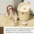 Beige 5-piece dorm bath set with cute cartoon duck patterns and a portable storage basket - Large Cup + 32cm Basin + Bucket + Soap Box + Basket