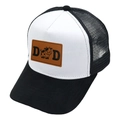 Black and white truck hat with brown leather DAD patch and cartoon cow design - DAD / Black+White