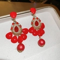 Gros plan détaillé de boucles d'oreilles goutte rouge et cristaux sur plateau - Style Goutte d'Eau Ethnique Rouge avec Tige en Argent (61#)