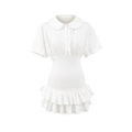 White mini dress with doll collar, puffed sleeves and ruffled hem on white background - S / White