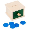 Montessori wooden object permanence box with green drawer and five blue coins - Coin Sorter Box 0.36kg