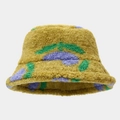 Detail of warm mustard yellow fleece bucket hat with purple and green floral patterns - M (56-58cm) / Yellow with Floral Pattern