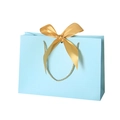 Elegant blue paper gift bag with golden ribbon bow and matching rope handle - Sky Blue; Horizontal Extra Small Size 19*15*7 Ribbon Style