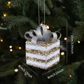 White and gold glitter gift box Christmas tree ornament with silver bow, 10cm x 8cm - Gift Box Pendant Style C