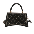 Chic black trapezoid handbag with beige quilted embroidery and golden metal accents - Black