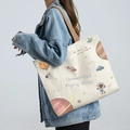 Off-white canvas tote bag with space theme illustrations and brown shoulder straps - Planet Home - Beige