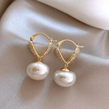 Detailed close-up of gold-plated V-shaped earrings with crystals and large white pearls - Gold Rhinestone V-Shape Hoop Pearl Earrings (7#)