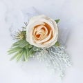 Pale peach rose groom boutonniere with succulent green plants and white lace ribbon - Champagne Wrist Corsage