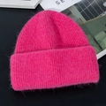 Detailed texture of thick rose red rabbit fur knit beanie with warm double-layer lining - M (56-58cm) / Rose Red