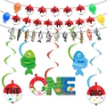 Fishing themed birthday party kit with Happy Birthday banner and The Big One cake topper - Fishing Banner And Garland And Swirls