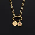 Elegant 14K gold plated stainless steel letter C necklace with rhinestone flower pendant - Gold / Letter C