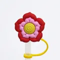 Floral silicone straw cover in red and pink with a yellow security ring attachment - 1704-37 Tri-color Flower