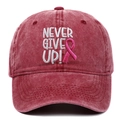 Casquette vintage en coton rouge avec broderie NEVER GIVE UP et ruban rose brodé - Casquette de baseball / Bordeaux