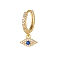 Golden Evil Eye earring with blue zircon and pavé crystals on a white background - Evil Eye Pendant Hoop-EH00153