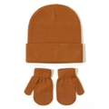 Detail of warm caramel brown knit beanie hat and ribbed cuff mittens set for winter - Size S (3-18 Months) / Caramel color