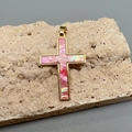 Elegant gold cross pendant with iridescent pink shell inlay on a natural stone base - Pink (Pink Shell)