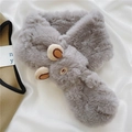 Detail showing the gray plush scarf with cute bear embroidery on white silk fabric - Medium Grey