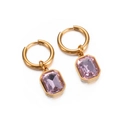 French style gold earrings with rectangular lavender crystal pendant in square cut - Gold Pink